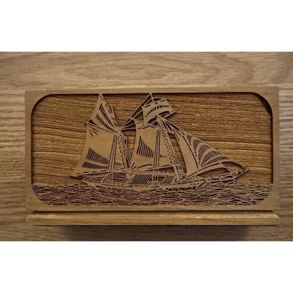 Lasercraft Napkin/Letter Holder Walnut 3 Mast Ship Laser Engraved American VTG - Picture 1 of 6
